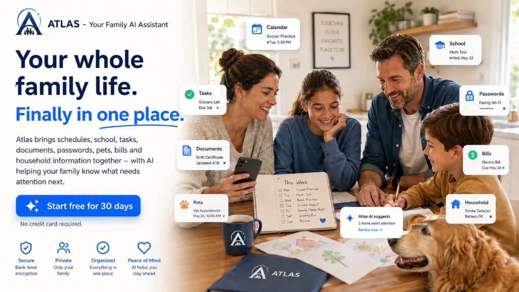 Atlas family organization app, with calendars, tasks, documents, and household information